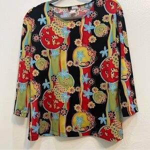 KC Stevens Womens  PXL  Shirt Black  Floral Artsy Shimmer‎ Boatneck